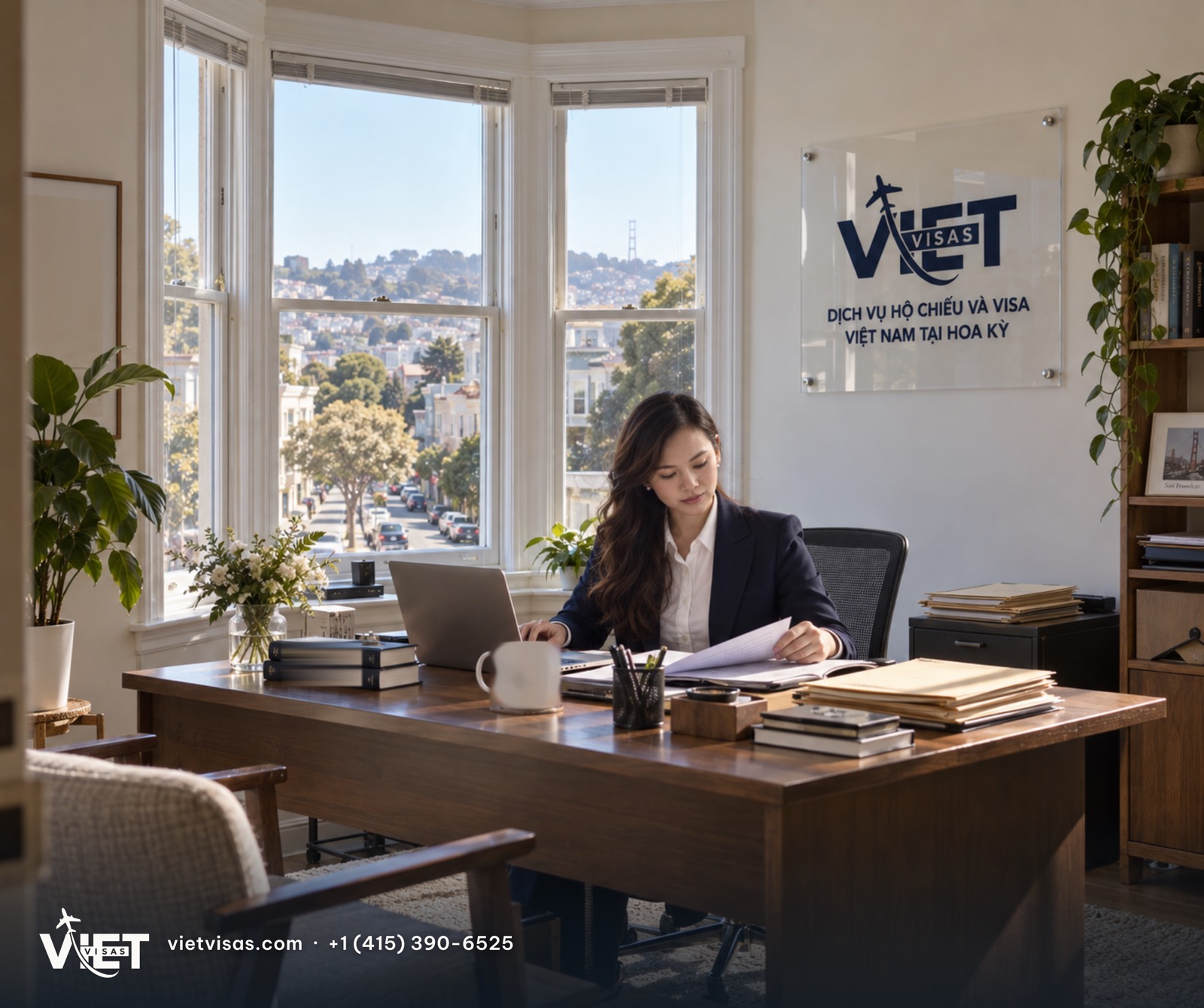 Bàn làm việc trong văn phòng, biển hiệu VietVisas trên tường, cửa sổ nhìn ra khu phố San Francisco
