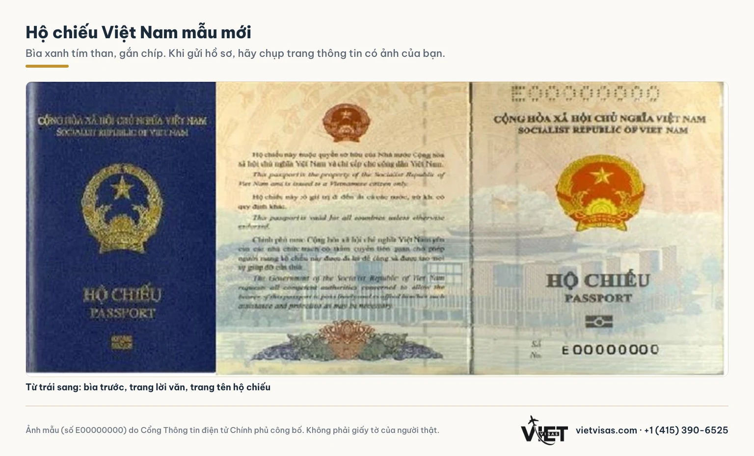 Ảnh mẫu hộ chiếu phổ thông Việt Nam gắn chíp, bìa xanh tím than, số mẫu E00000000: bìa trước, trang lời văn và trang tên hộ chiếu.